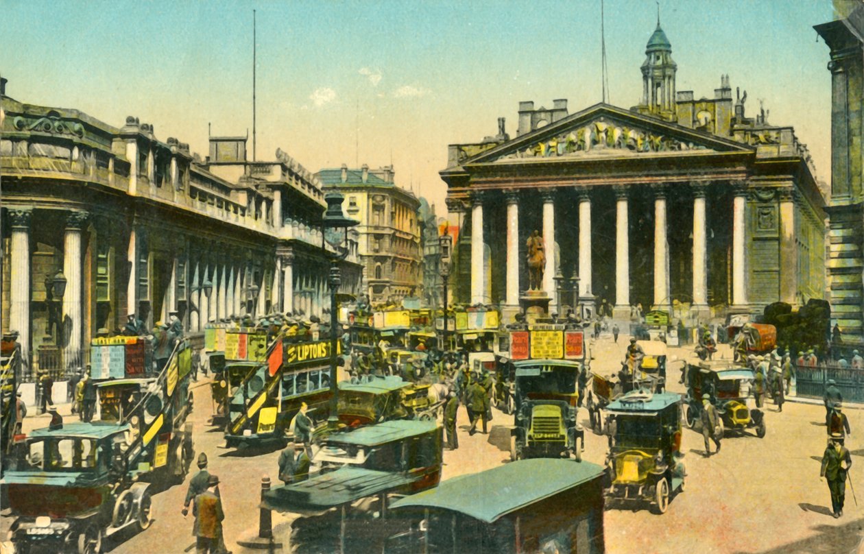 The Bank of England ja Royal Exchange, Lontoo, vuonna 1910. tekijältä Unbekannt