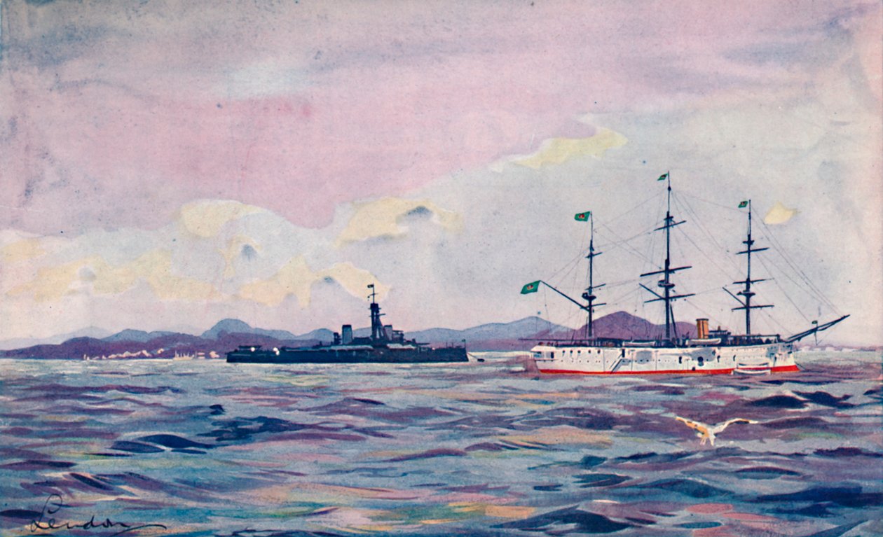 Benjamin Constant Training Cruiser ja dreadnought Minas Geraes Rion satamassa, 1914 tekijältä Unbekannt