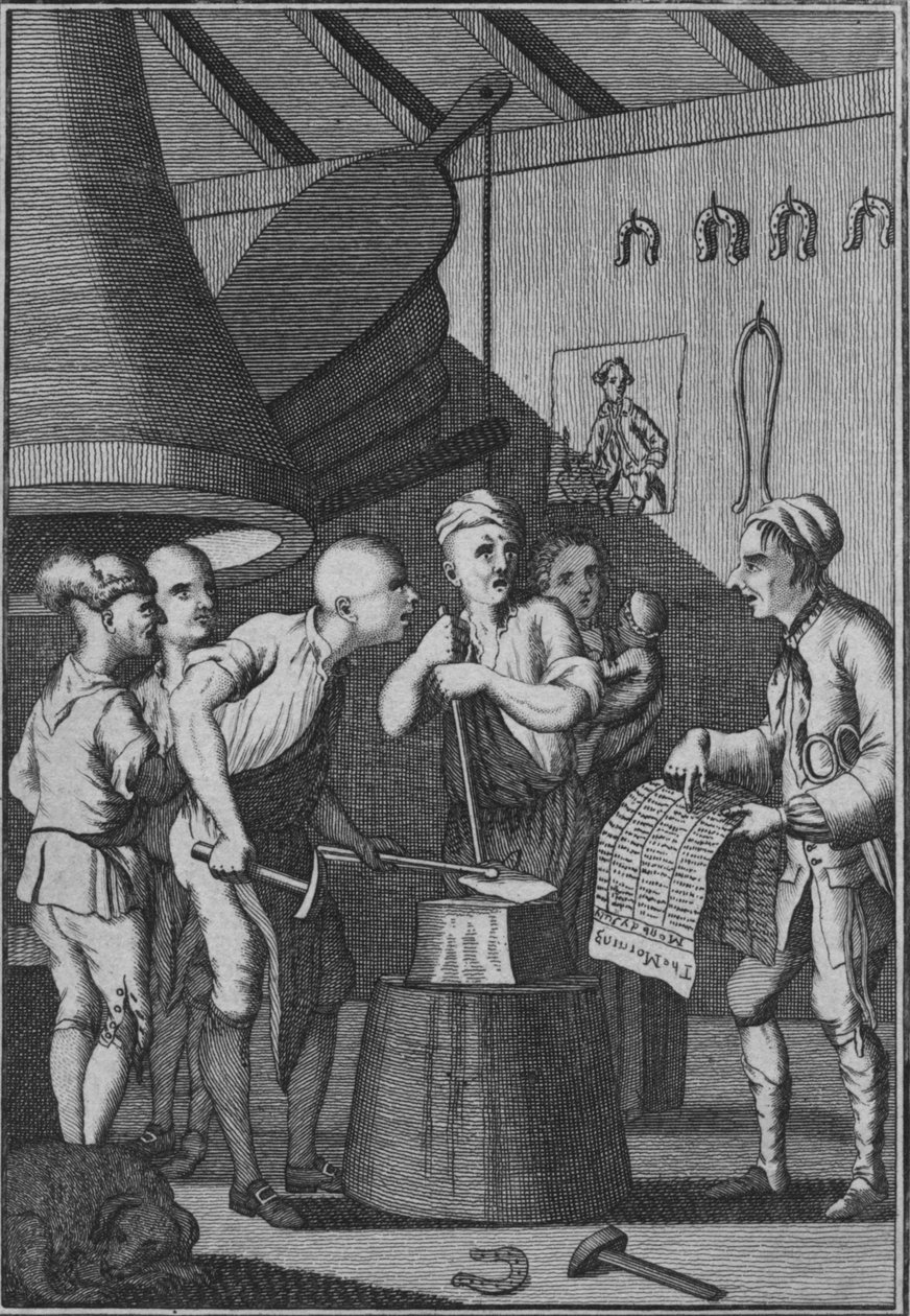 Seppä antaa rautansa jäähtyä seuraten Taylors News -lehteä, 1772 tekijältä Unbekannt