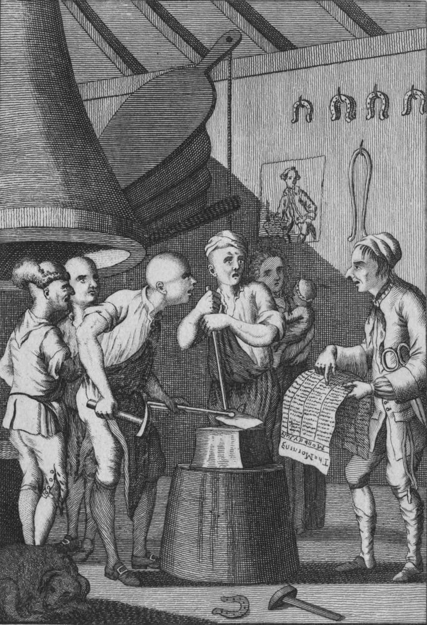 Seppä antaa rautansa jäähtyä seuraten Taylors News -lehteä, 1772 tekijältä Unbekannt