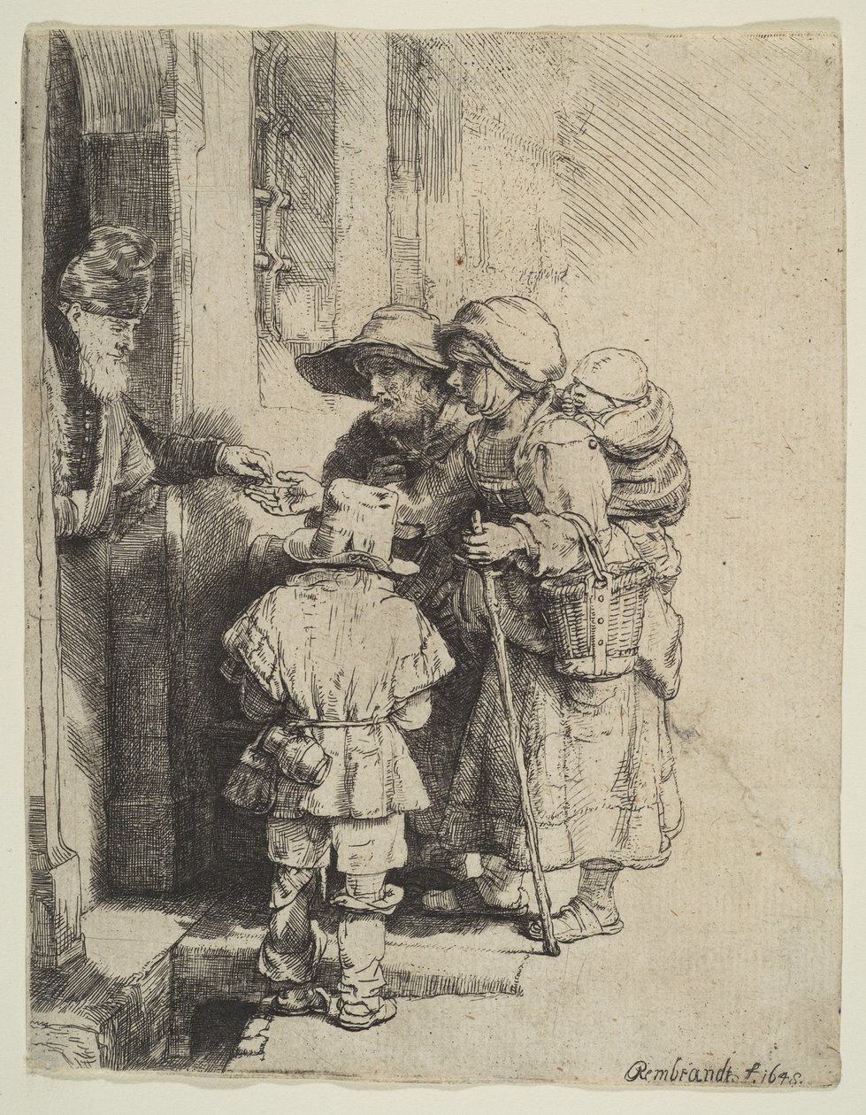 Blind Hurdy-Gurdy -pelaaja ja perhe vastaanottamassa almuja, 1648. tekijältä Unbekannt