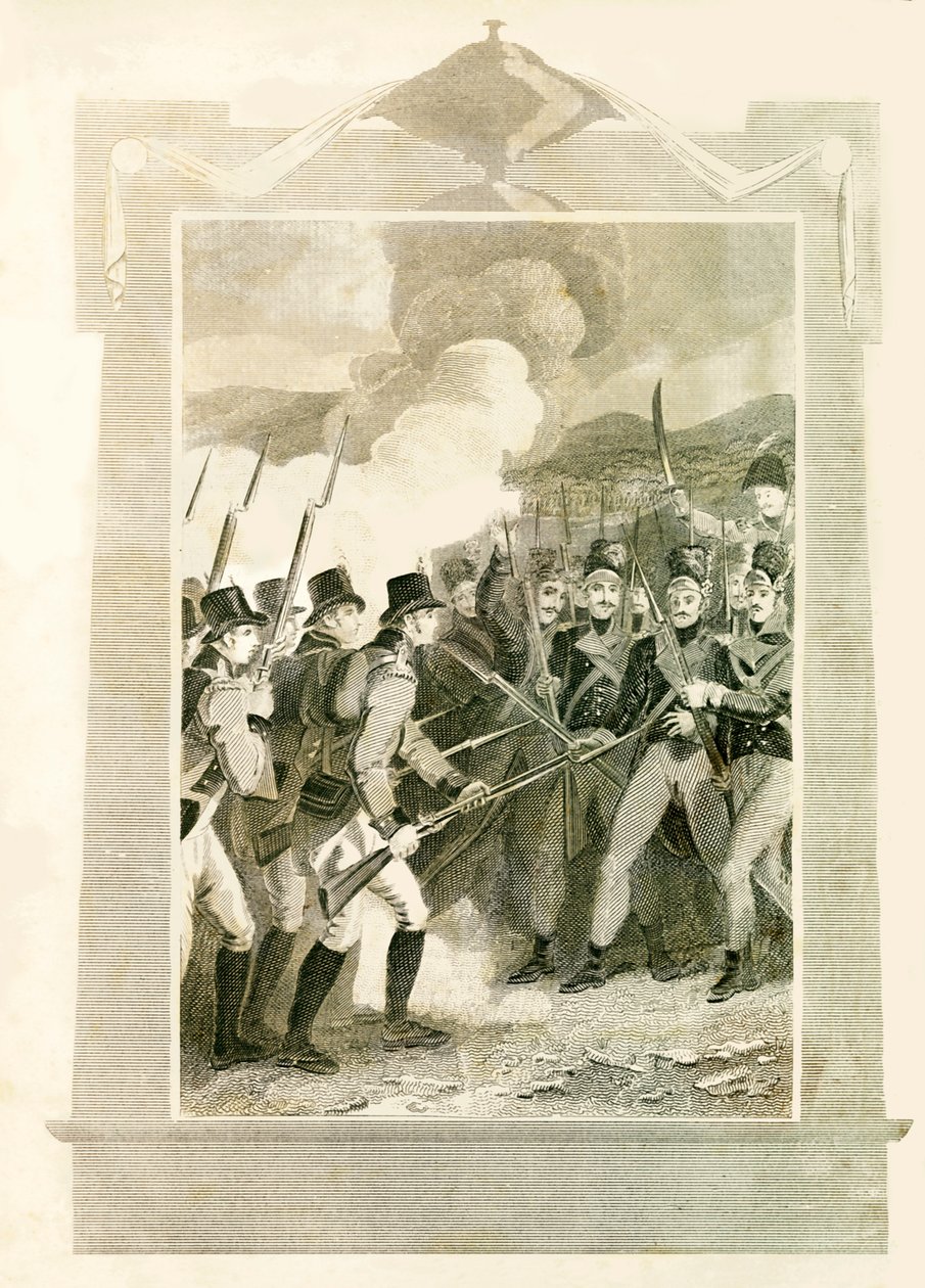Britit hyökkäävät ranskalaisia linjoja vastaan bajoneteilla Maidan taistelussa 1806, 1816. tekijältä Unbekannt