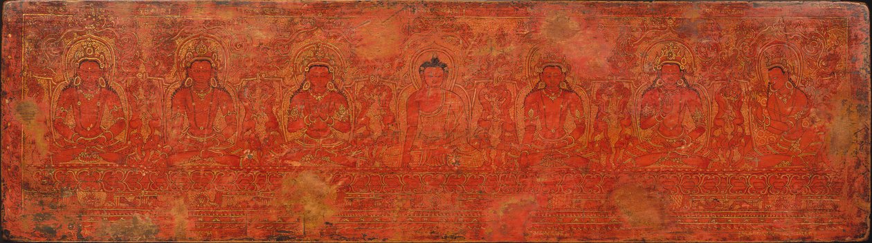Buddha Shakyamuni, viisi mennyttä buddhaa ja Maitreya, n. 15-luvulla. tekijältä Unbekannt