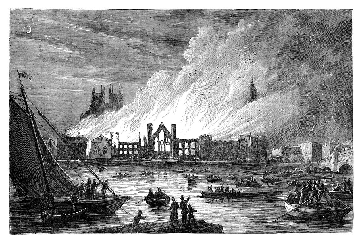 The Burning of the Houses of the Parliament, Lontoo, 1834 c1895 tekijältä Unbekannt