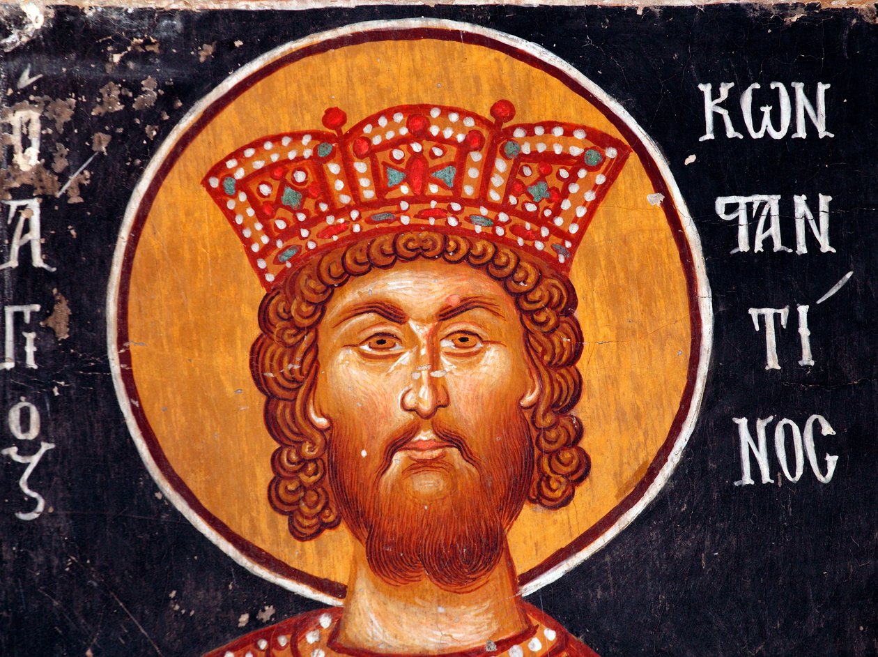 Bysanttilainen fresko 1400-luvulta (yksityiskohta): Keisari Konstantinuksen seinämaalaus Arkkienkeli Mikaelin kirkko Pedoulasissa Kypros Maalatut kirkot Unescon sivusto Troodos, Kypros tekijältä Unbekannt