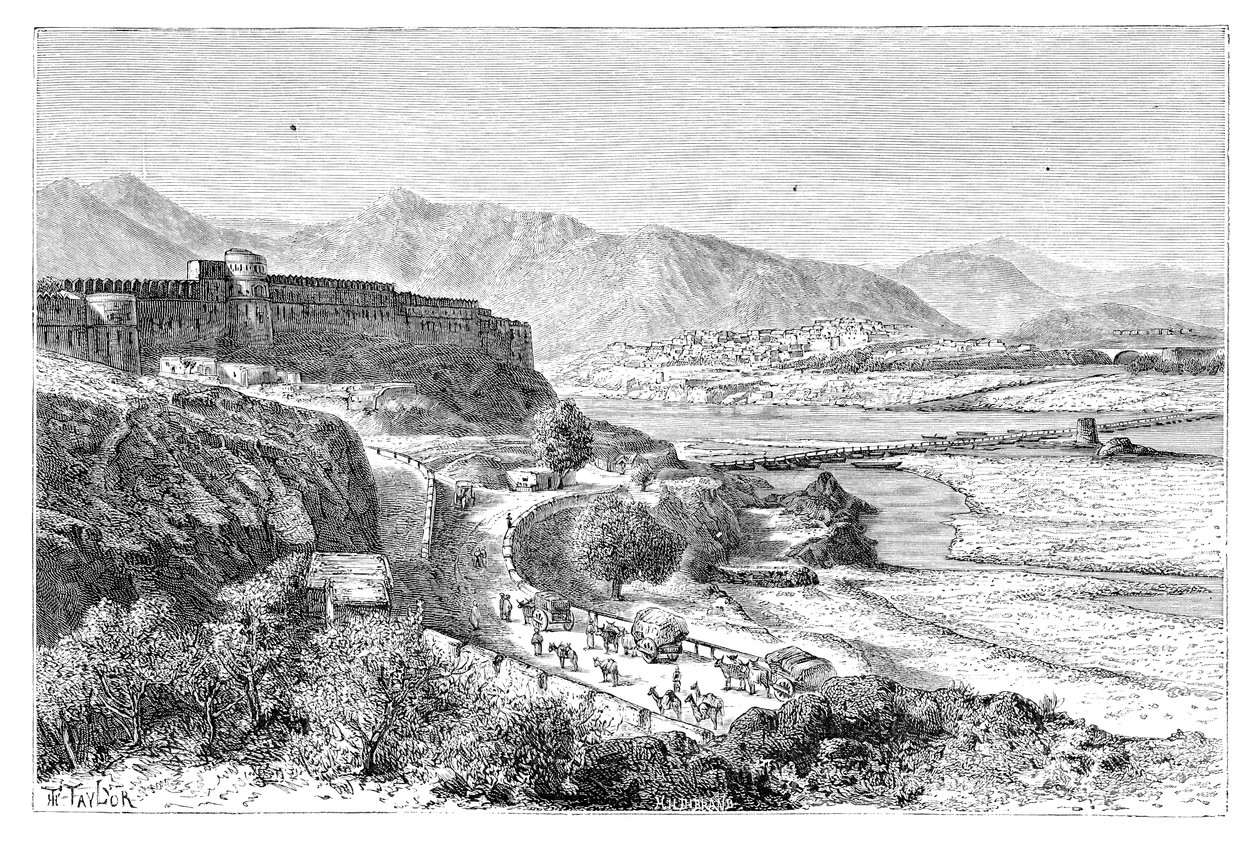 Attockin linnoitus ja venesilta Indus-joen yli, Pakistan, 1895 tekijältä Unbekannt