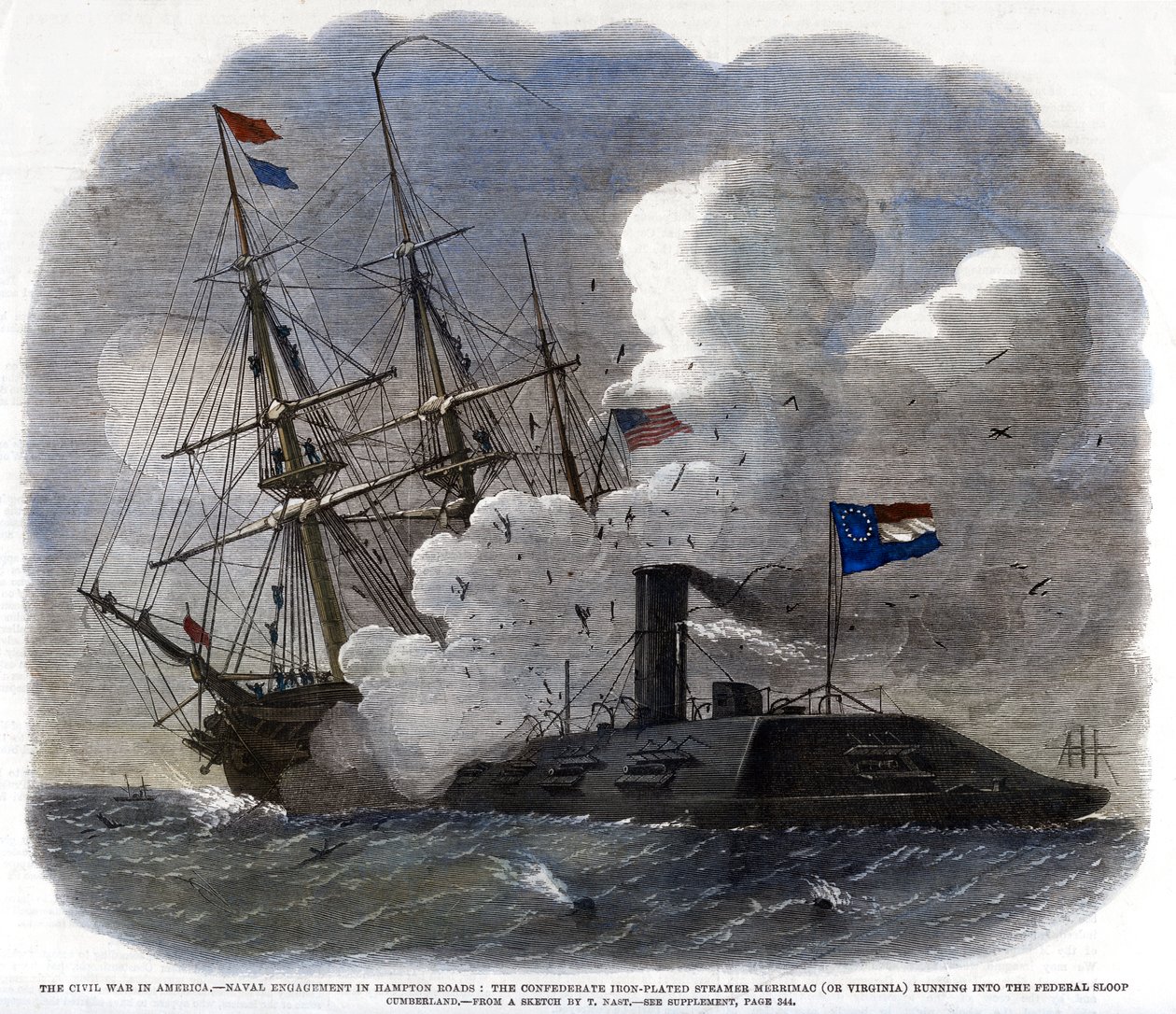 Sisällissota Amerikassa - Naval Engagement in Hampton Roads..., 1862 tekijältä Unbekannt