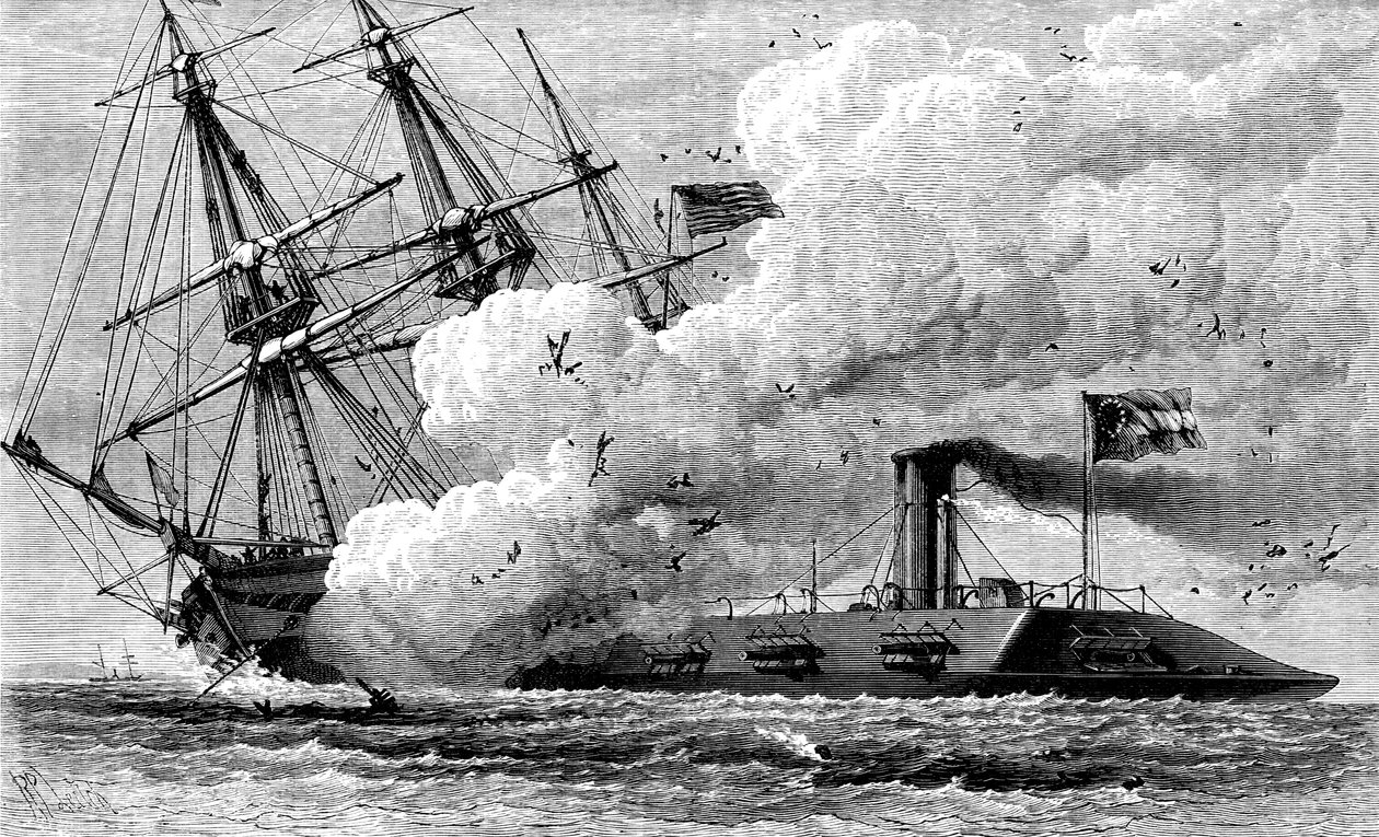 Konfederaation rautapukuinen Merrimac upottaa USS Cumberlandin, 1862 c1880 tekijältä Unbekannt