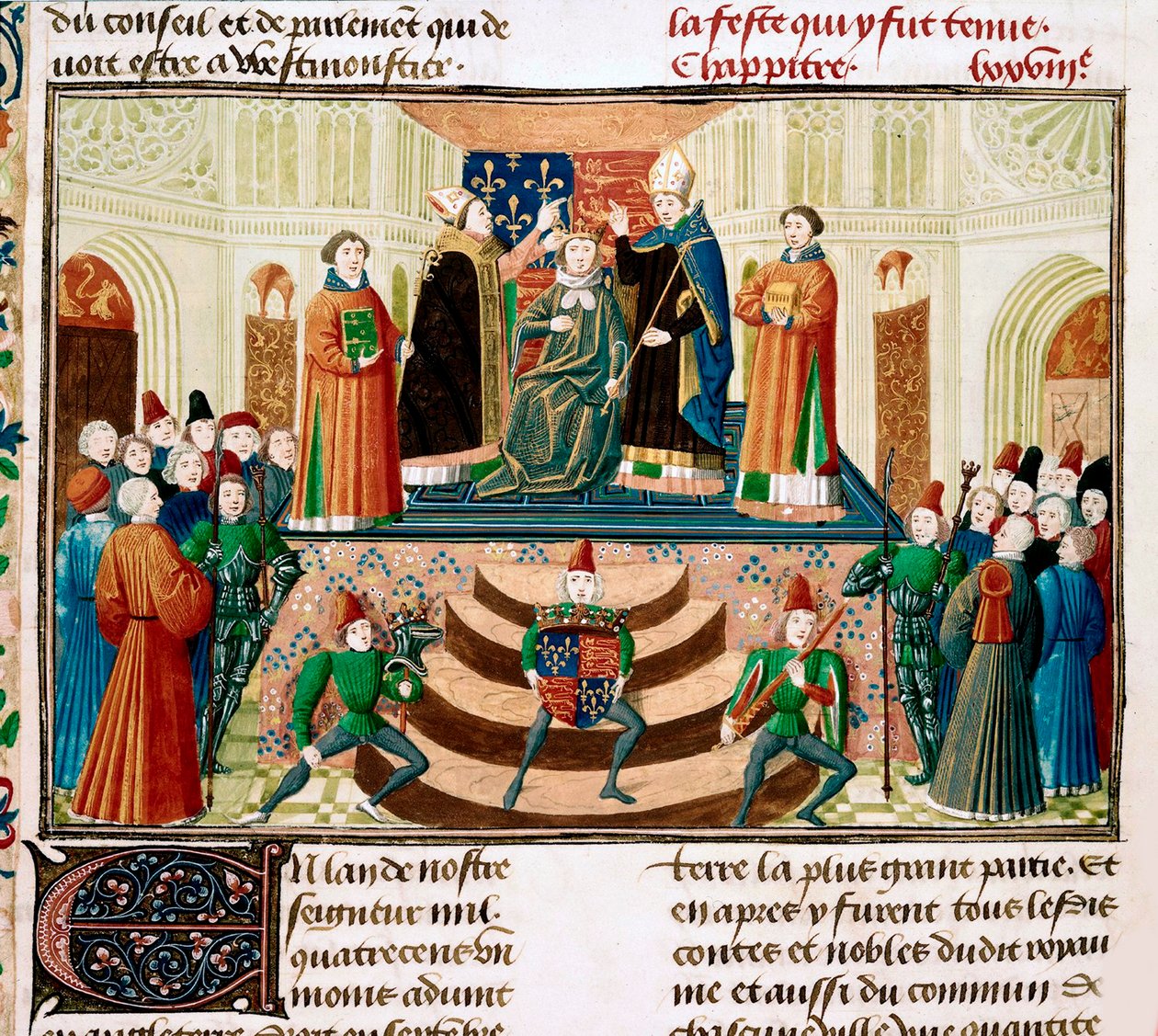 Englannin Henrik IV:n kruunaus Yksityiskohta Jean Froissartin pienoismallin Grandes Chroniques de Francesta, noin 1470 tekijältä Unbekannt