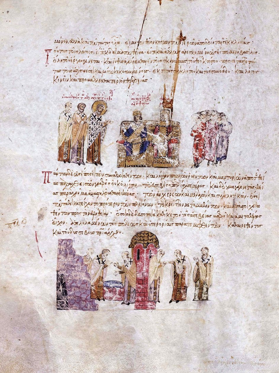 Konstantinopolin kirkolliskokous Ortodoksisuuden voitto vuonna 843 Miniatyyri Madridin Skylitzesistä, tekijältä Unbekannt