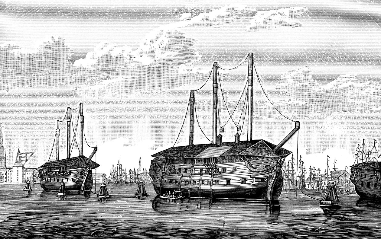 Tanskalaiset vankila-alukset Dronning Maria ja Waldemar Kööpenhaminassa, 1848-1849 tekijältä Unbekannt