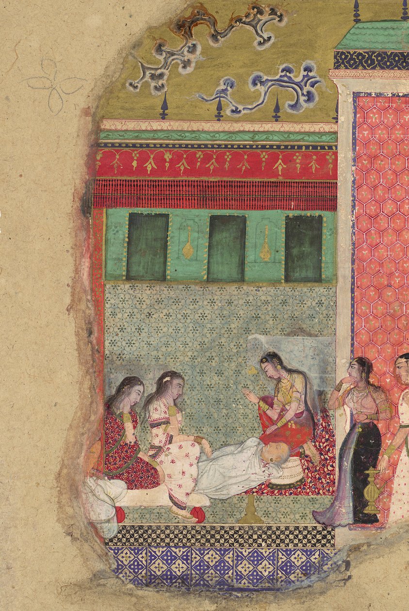 Kuningas Dasharathan kuolema, Raman isä, folio ramayanasta, n. 1605. tekijältä Unbekannt