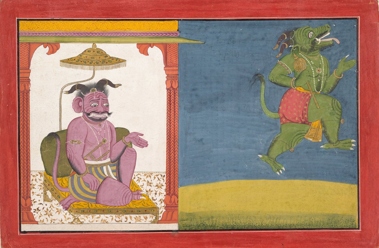 Demon Hiranyaksha lähtee Demon Palacesta... Bhagavata Purana -sarjasta, noin. 1740. tekijältä Unbekannt