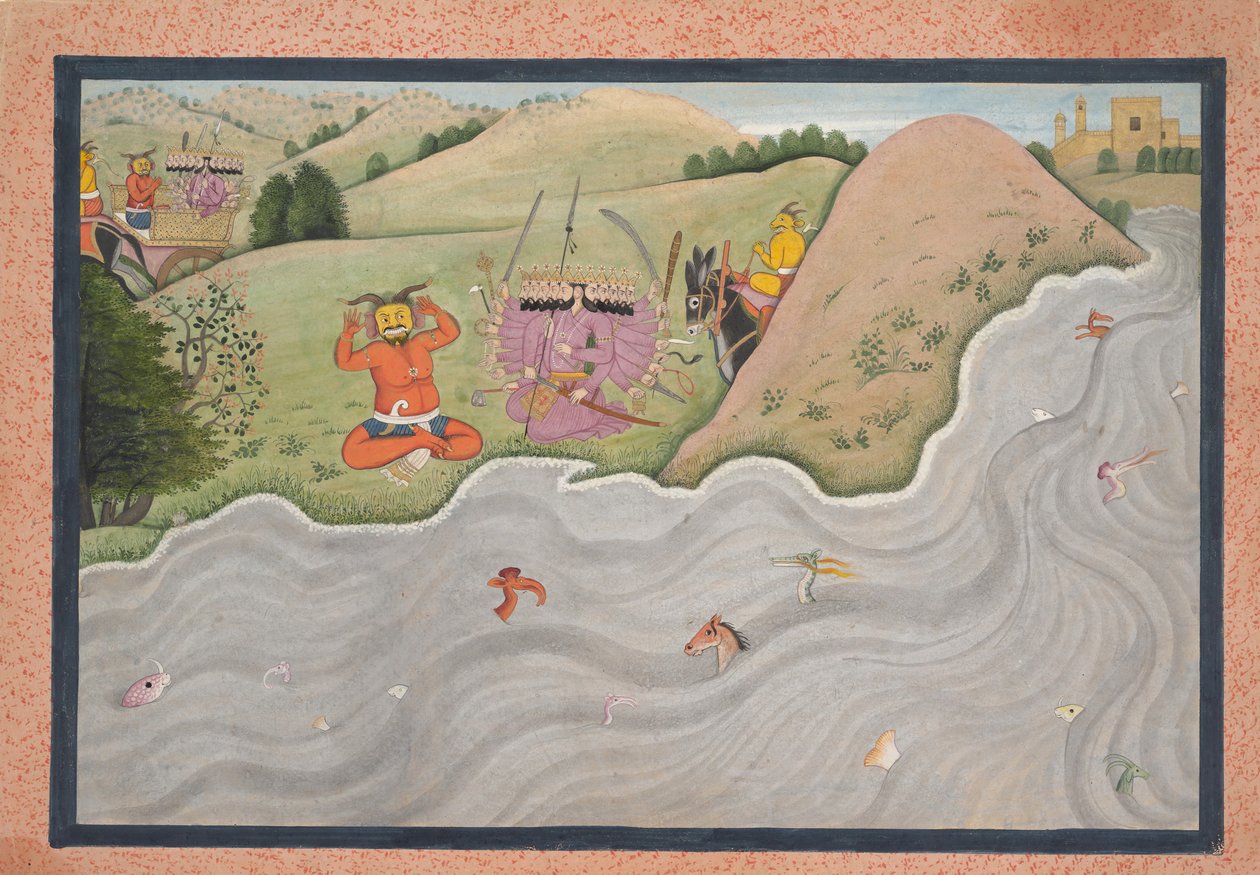 Demoni Marichi yrittää saada Ravanan luopumaan... hajallaan olevasta Ramayana-sarjasta, n. 1780. tekijältä Unbekannt