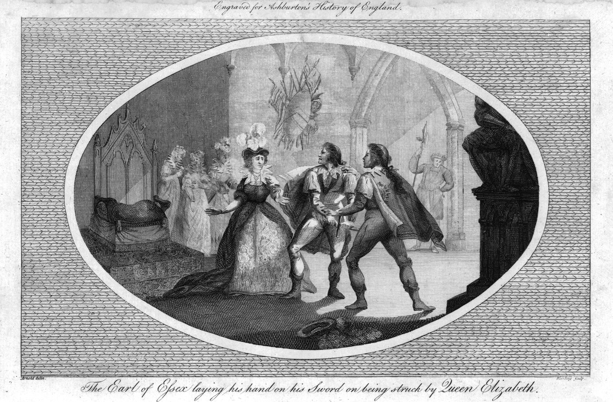 Essexin jaarli laskee kätensä miekkansa päälle, kun kuningatar Elisabet iski häneen., 1792 tekijältä Unbekannt