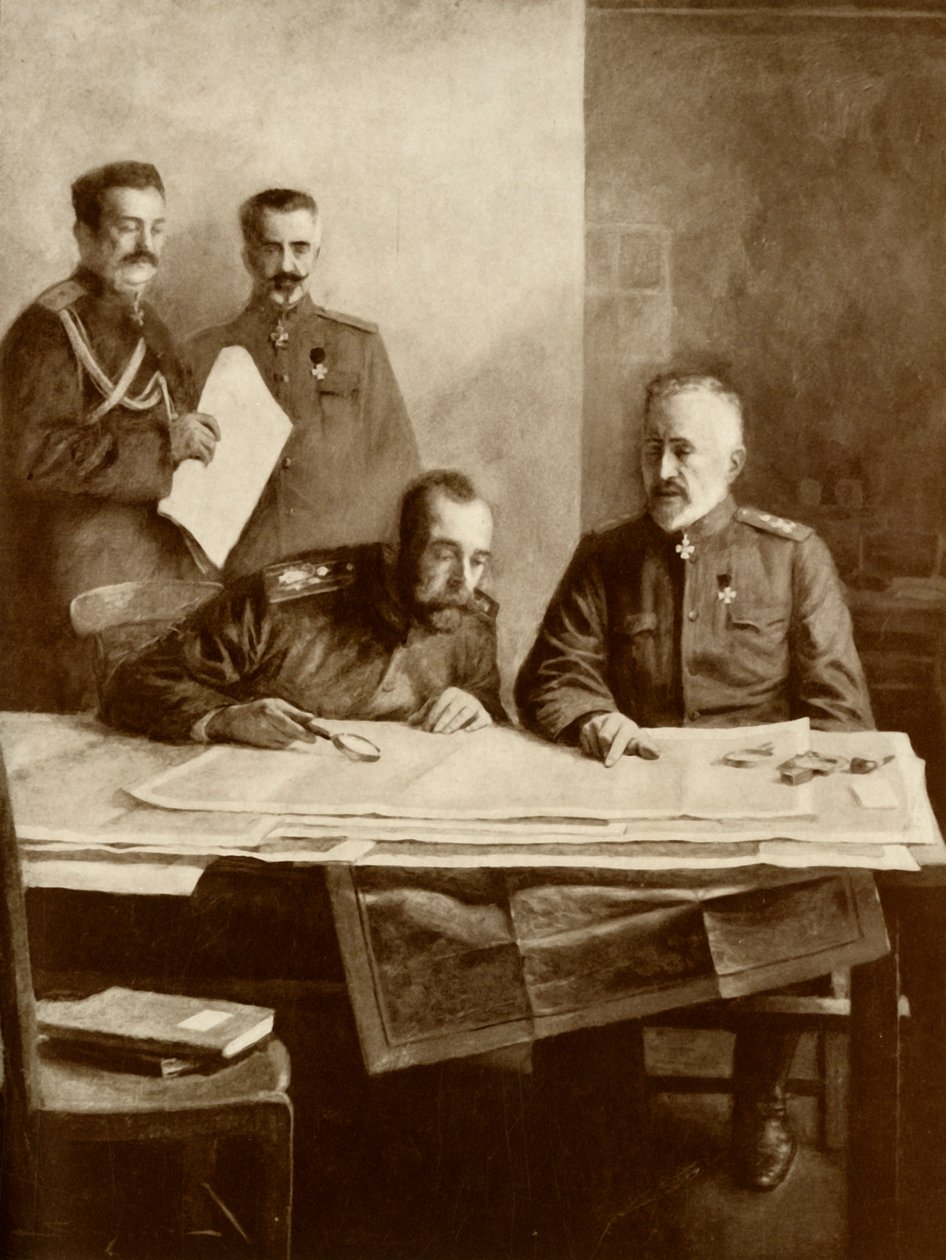 "Venäjän keisari suurruhtinas Nikolauksen kanssa rintamalla", 1916. tekijältä Unbekannt