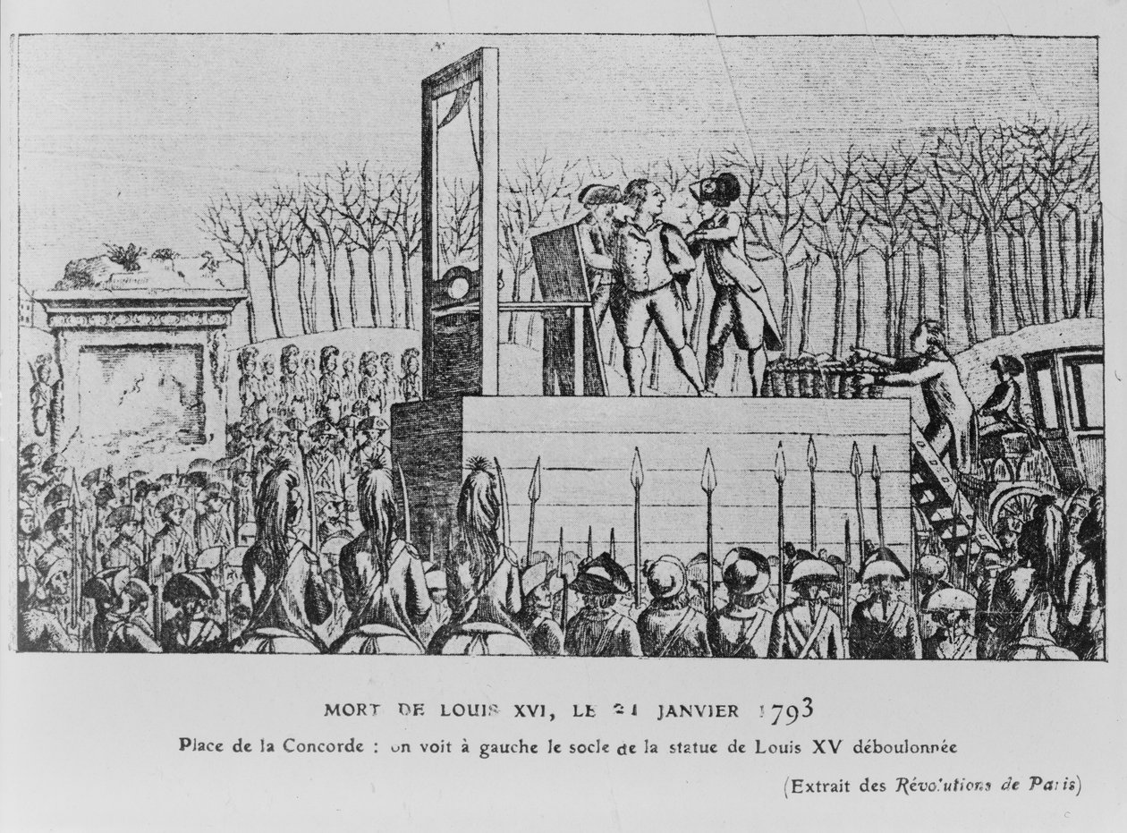 Ludvig XVI:n teloitus Place de la Revolutionissa 21. tammikuuta 1793, n. 1793 tekijältä Unbekannt