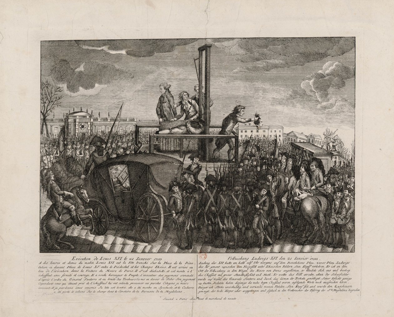 Ludvig XVI:n teloitus Place de la Revolutionilla 21. tammikuuta 1793, n. 1793. tekijältä Unbekannt