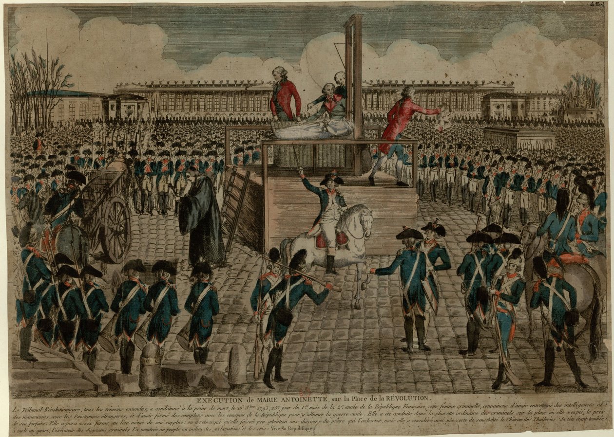 Marie Antoinetten teloitus Place de la Revolutionilla 16. lokakuuta 1793, n. 1793. tekijältä Unbekannt