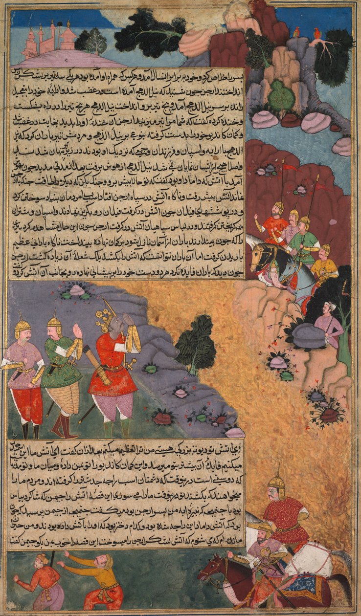 Valkoisen hevosen ensimmäinen seikkailu, sivu Khan Khanans Razm Nama..., n. 1610-17. tekijältä Unbekannt