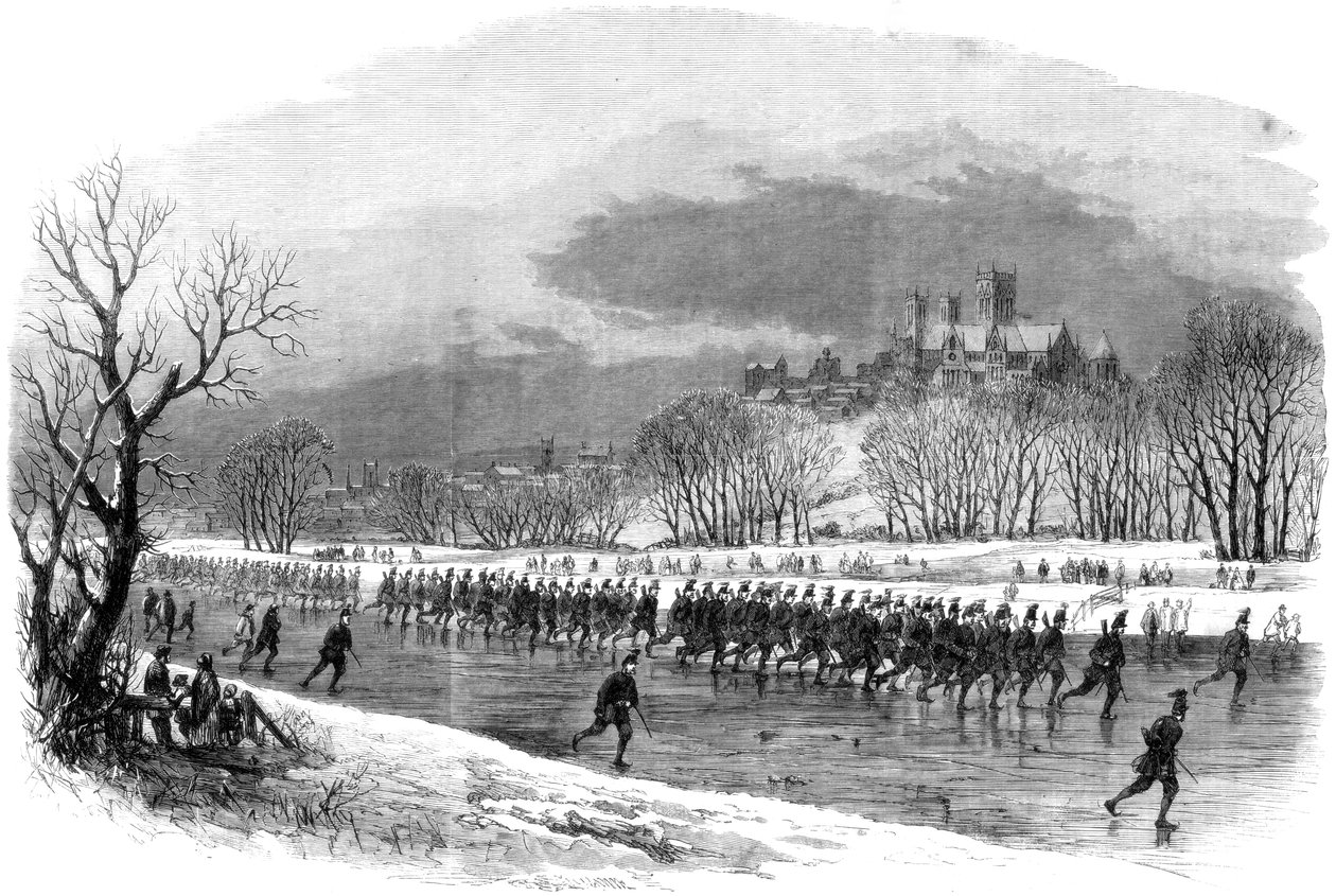 Ensimmäiset Lincolnshiren kiväärivapaaehtoiset marssivat alas Witham-jokea luistimilla, 1861 tekijältä Unbekannt