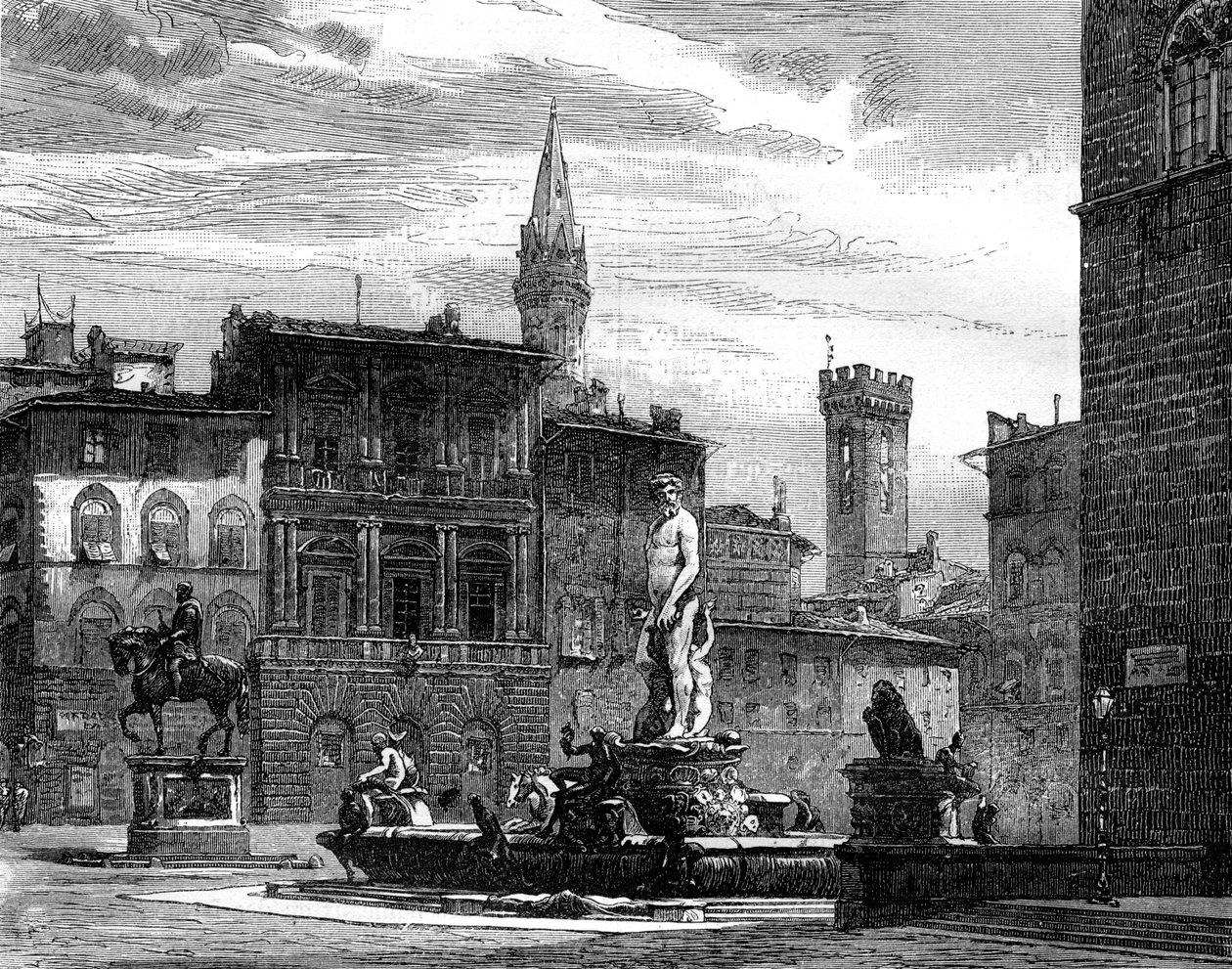Neptunuksen suihkulähde, Piazza della Signoria, Firenze, Italia, 1800-luku tekijältä Unbekannt