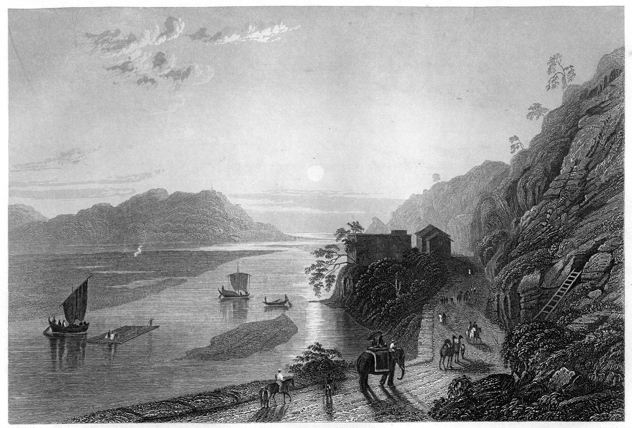 Ganges saapuu tasangoille lähellä Hurdwaria, Intia, vuonna 1860 tekijältä Unbekannt