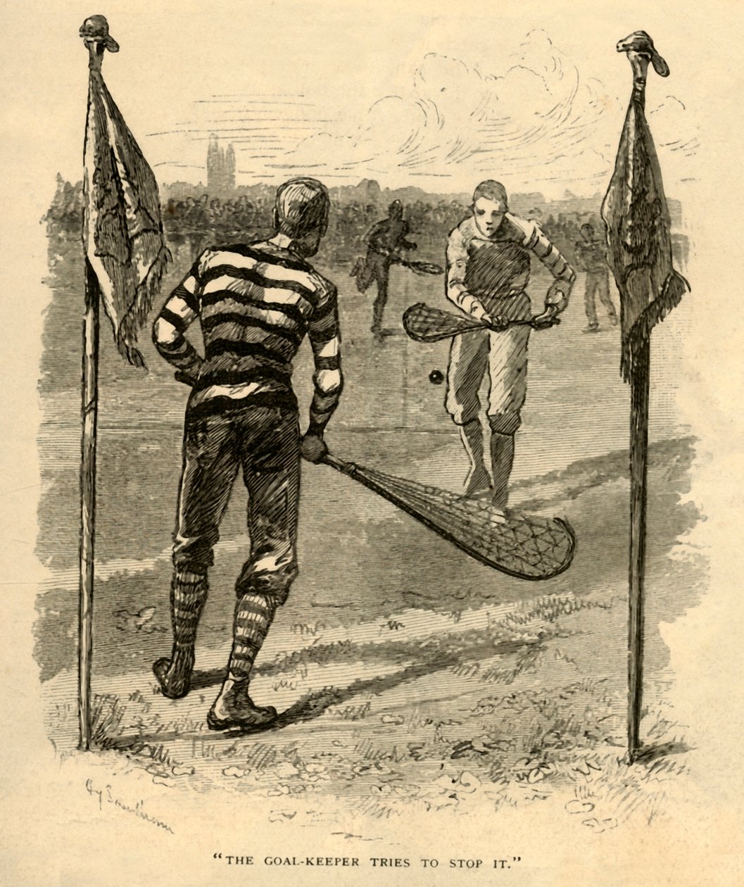 Maalivahti yrittää pysäyttää sen., 1881. tekijältä Unbekannt