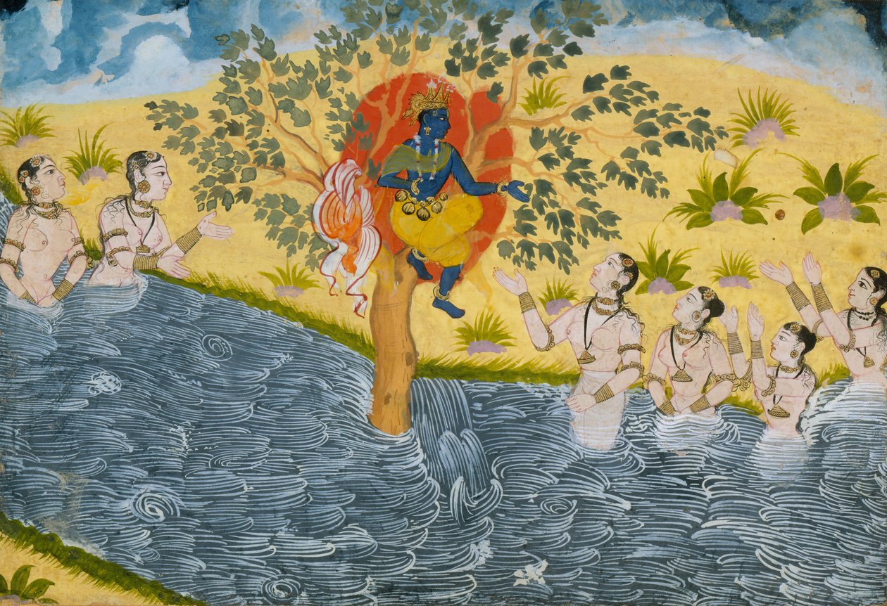 Gopit pyytävät Krishnaa palauttamaan vaatteensa, sivu Bhagavata Puranalta..., n. 1610. tekijältä Unbekannt