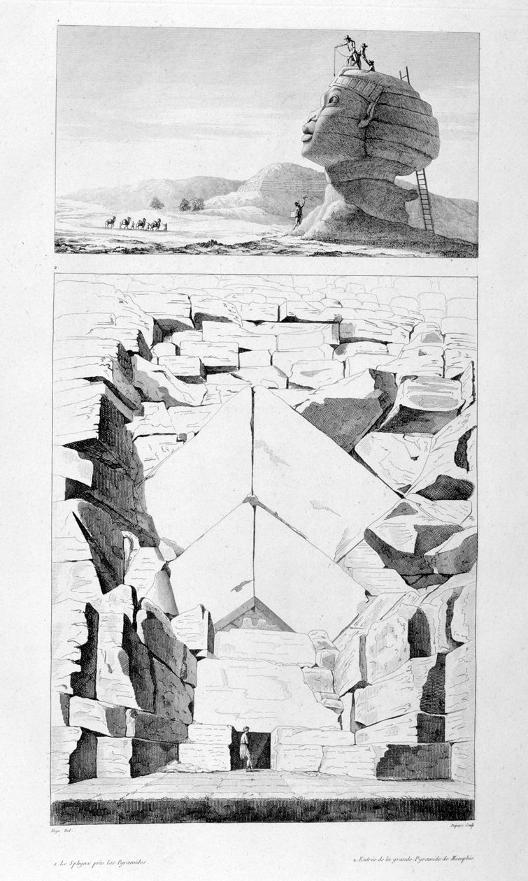 Gizan suuri sfinksi ja sisäänkäynti Memphisin pyramidiin, vuodelta 1808 tekijältä Unbekannt