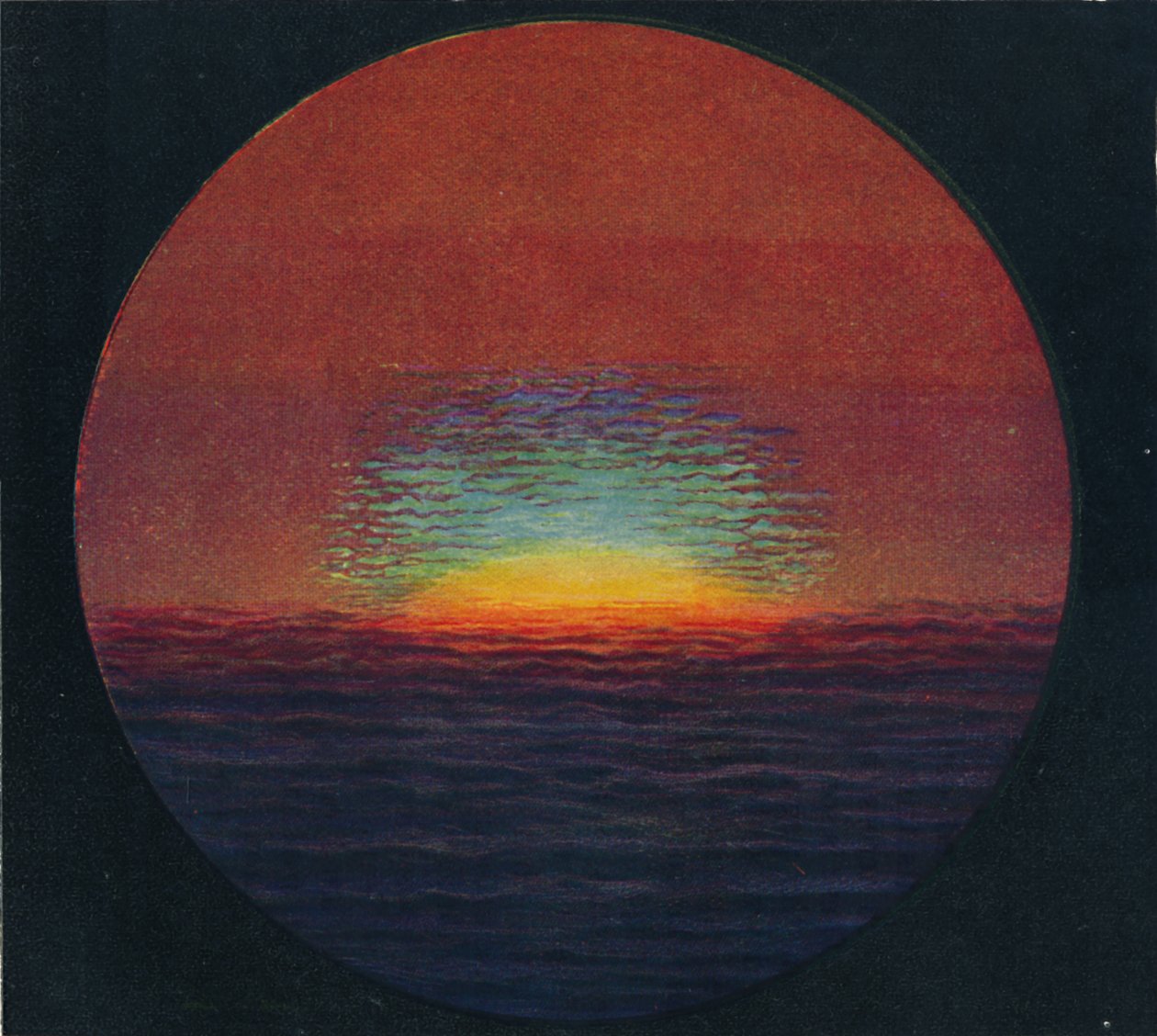 Vihreä salama auringonlaskun aikaan, harvinaisin prismaattinen väri, jonka ilmakehä taittaa, c1935 tekijältä Unbekannt