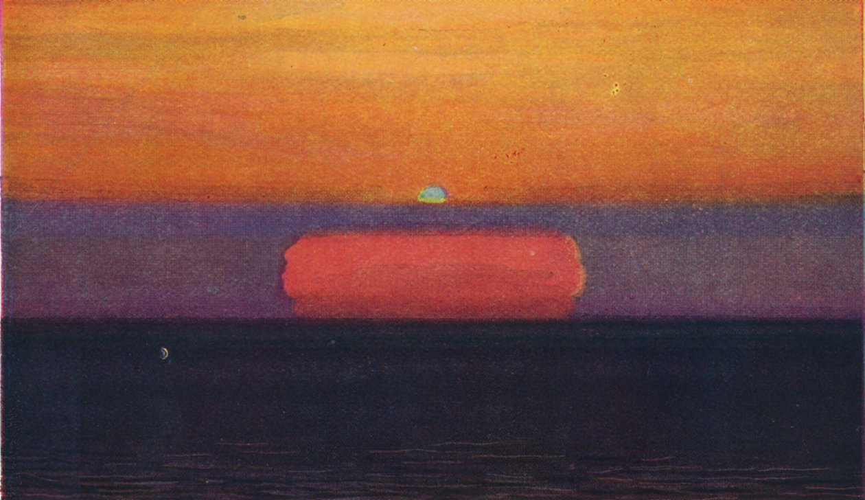 Vihreä salama auringonlaskun aikaan, harvinaisin prismaattinen väri, jonka ilmakehä taittaa, c1935 tekijältä Unbekannt
