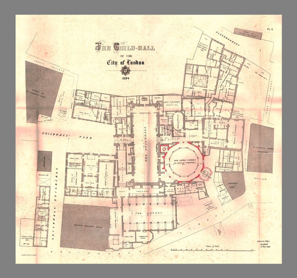Lontoon Cityn kiltatalo, suunnitelma, 1884, 1886 tekijältä Unbekannt