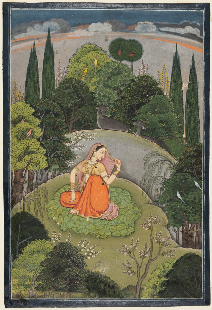 Sankaritar, joka odottaa innokkaasti poissa olevaa rakastajaansa Utka Nayika, c. 1760-1765. tekijältä Unbekannt