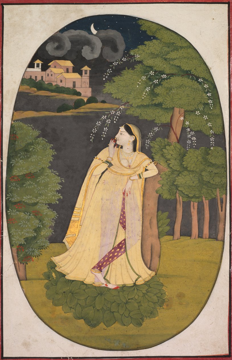 Sankaritar, joka odottaa innokkaasti poissa olevaa rakastajaansa Utka Nayika, c. 1800. tekijältä Unbekannt