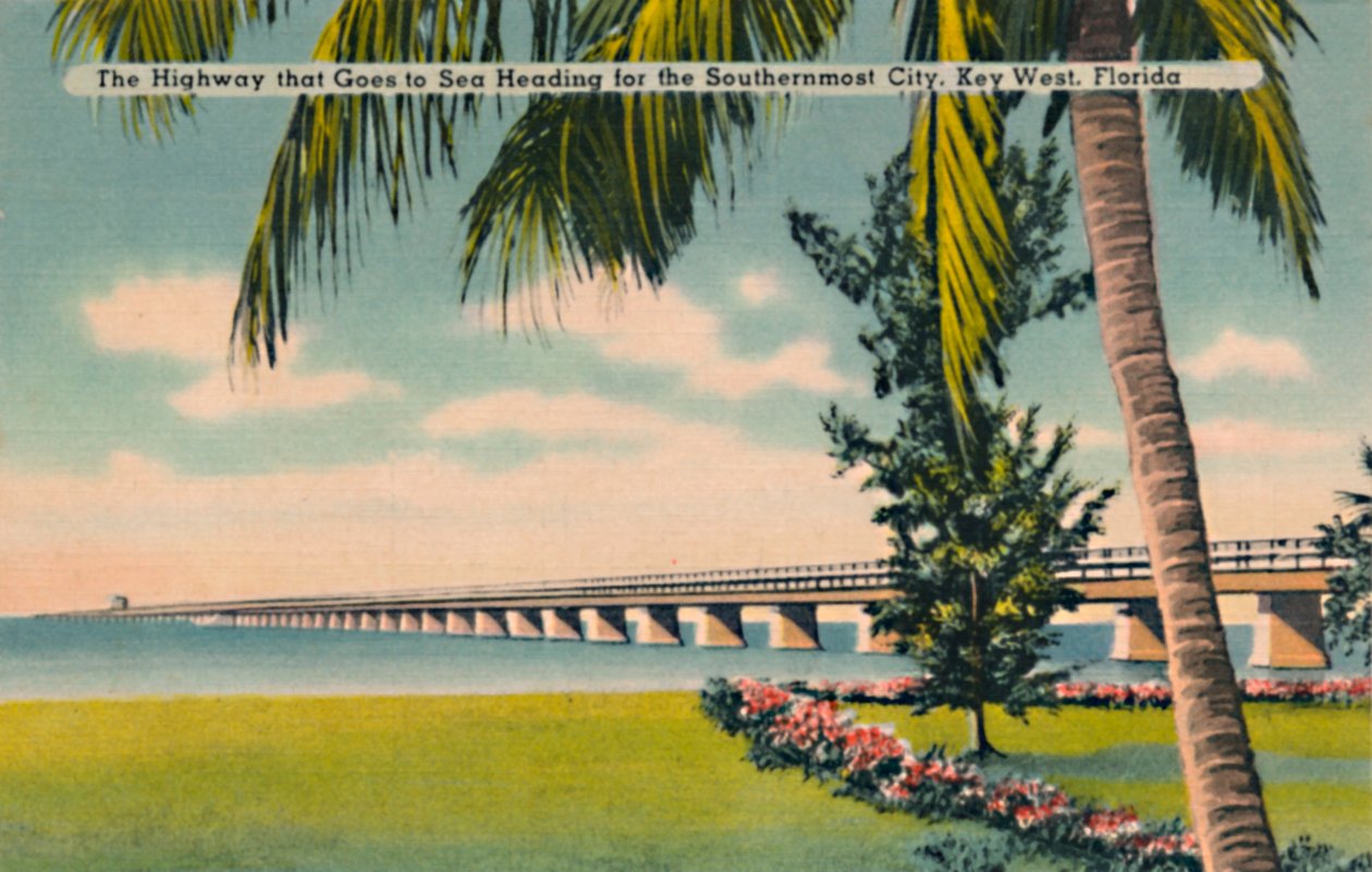Valtatie, joka menee merelle, matkalla eteläisimpään kaupunkiin, Key West, Florida, 1940-luku tekijältä Unbekannt