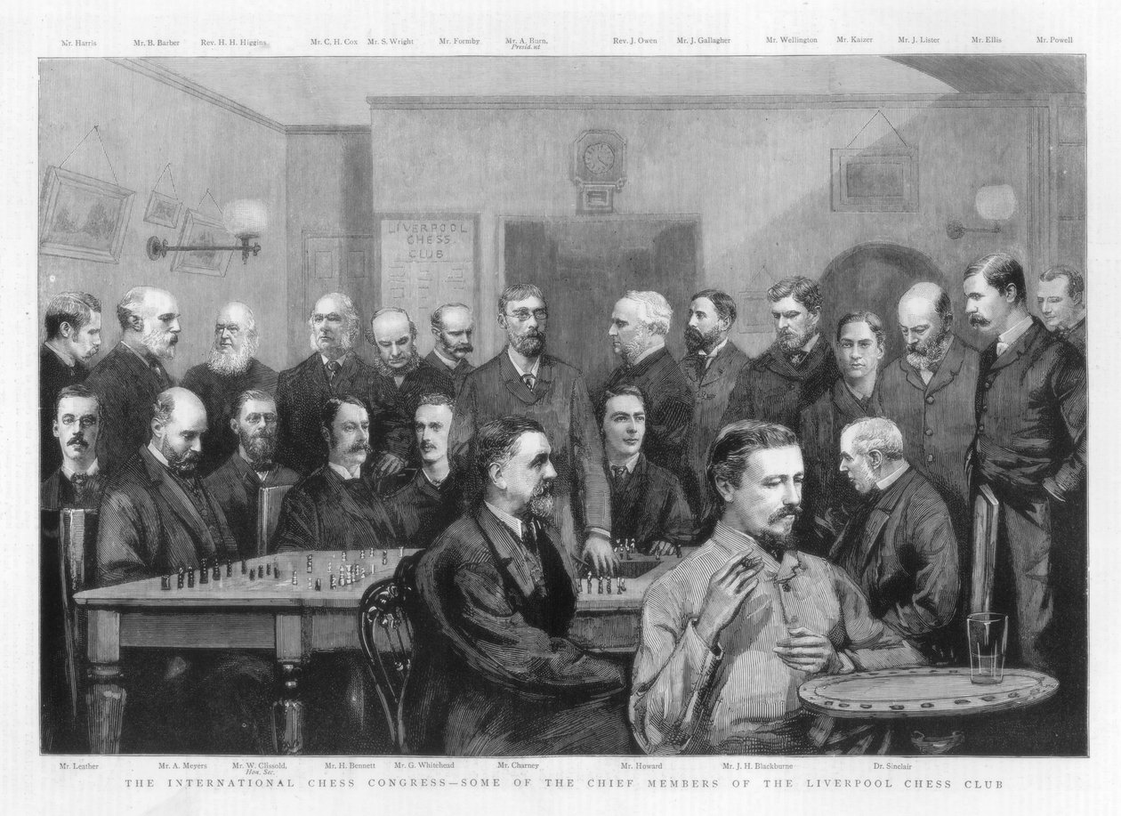 Kansainvälinen shakkikongressi - jotkut Liverpool Chess Clubin pääjäsenistä, 1890 tekijältä Unbekannt