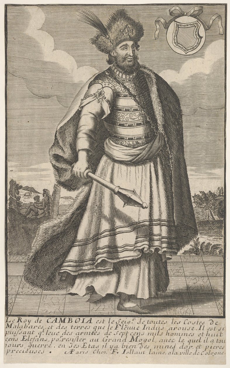 Kambodžan kuningas seisomassa valtikka oikeassa kädessään, n. 1670-1700. tekijältä Unbekannt