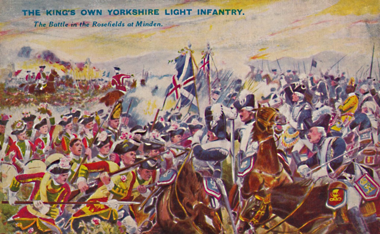 Kings Own Yorkshiren kevyt jalkaväki. Battle in the Rosefields At Minden, 1759, 1939 tekijältä Unbekannt