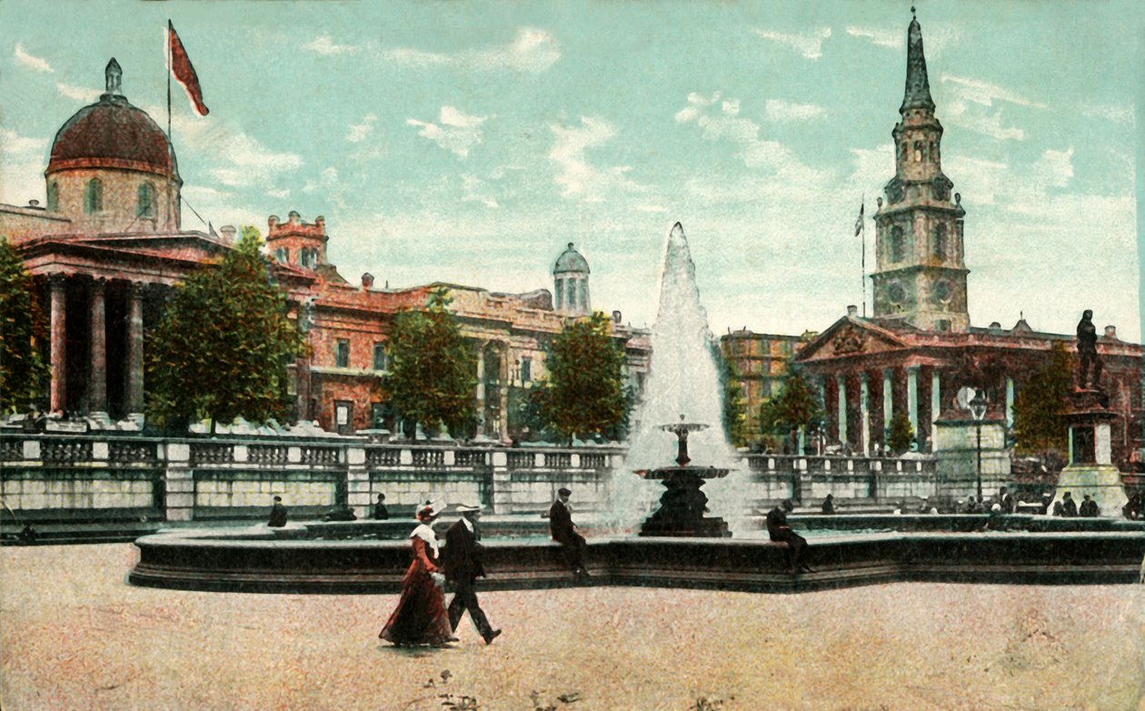 National Gallery, St Martin in the Fields ja suihkulähteet Trafalgar Squarella Lontoossa, vuodelta 1910. tekijältä Unbekannt