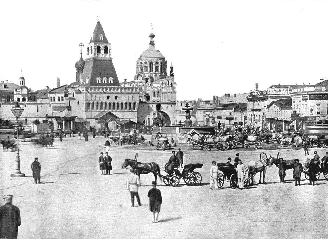 Nikolajevski-suihkulähde Lubjanka-aukiolla, Moskova, Venäjä, 1895. tekijältä Unbekannt