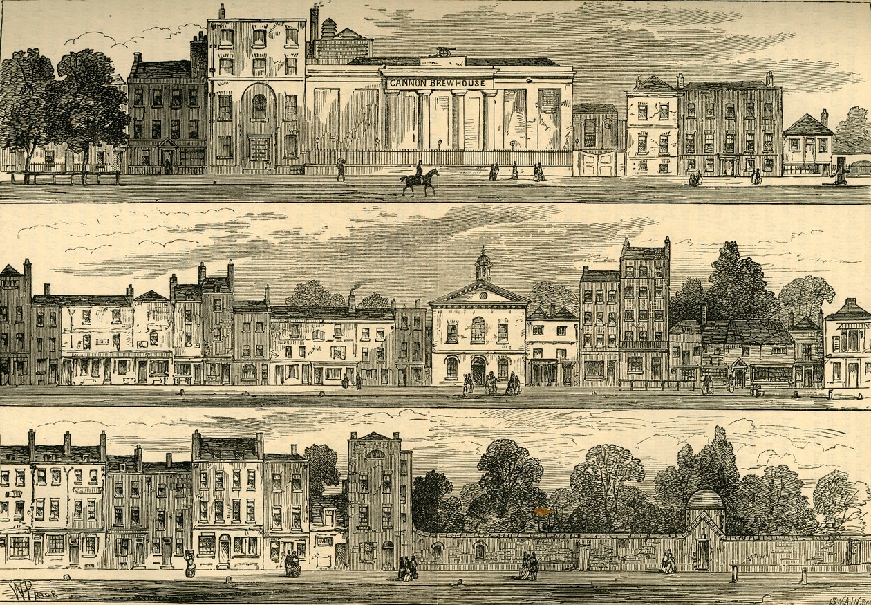 Knightsbridgen pohjoispuoli vuonna 1820, Cannon Brewerystä Hyde Park Corneriin, vuodelta 1876. tekijältä Unbekannt