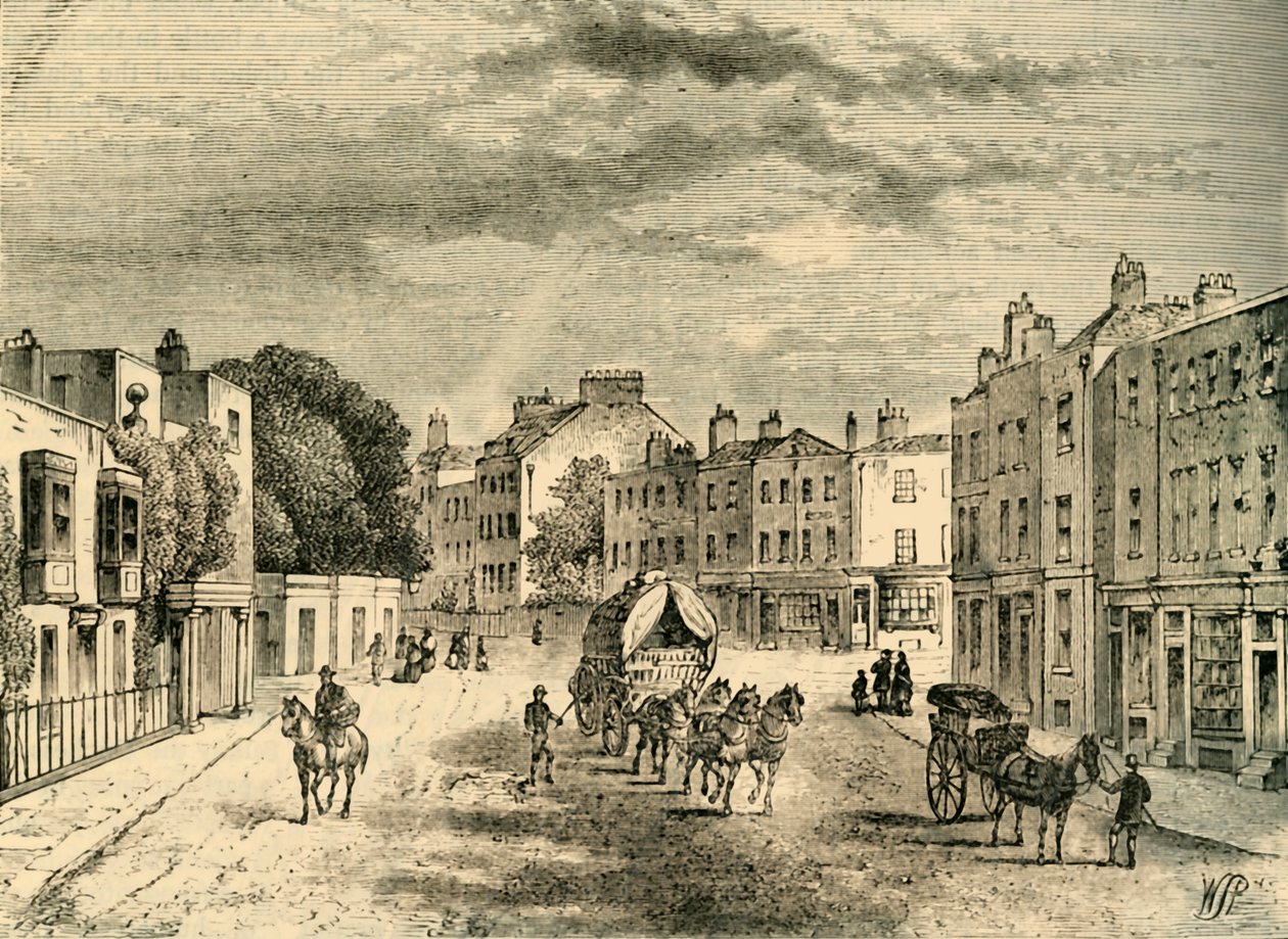 Vanha Vauxhallin kylä, jossa on sisäänkäynti puutarhaan, vuonna 1825, n. 1878. tekijältä Unbekannt