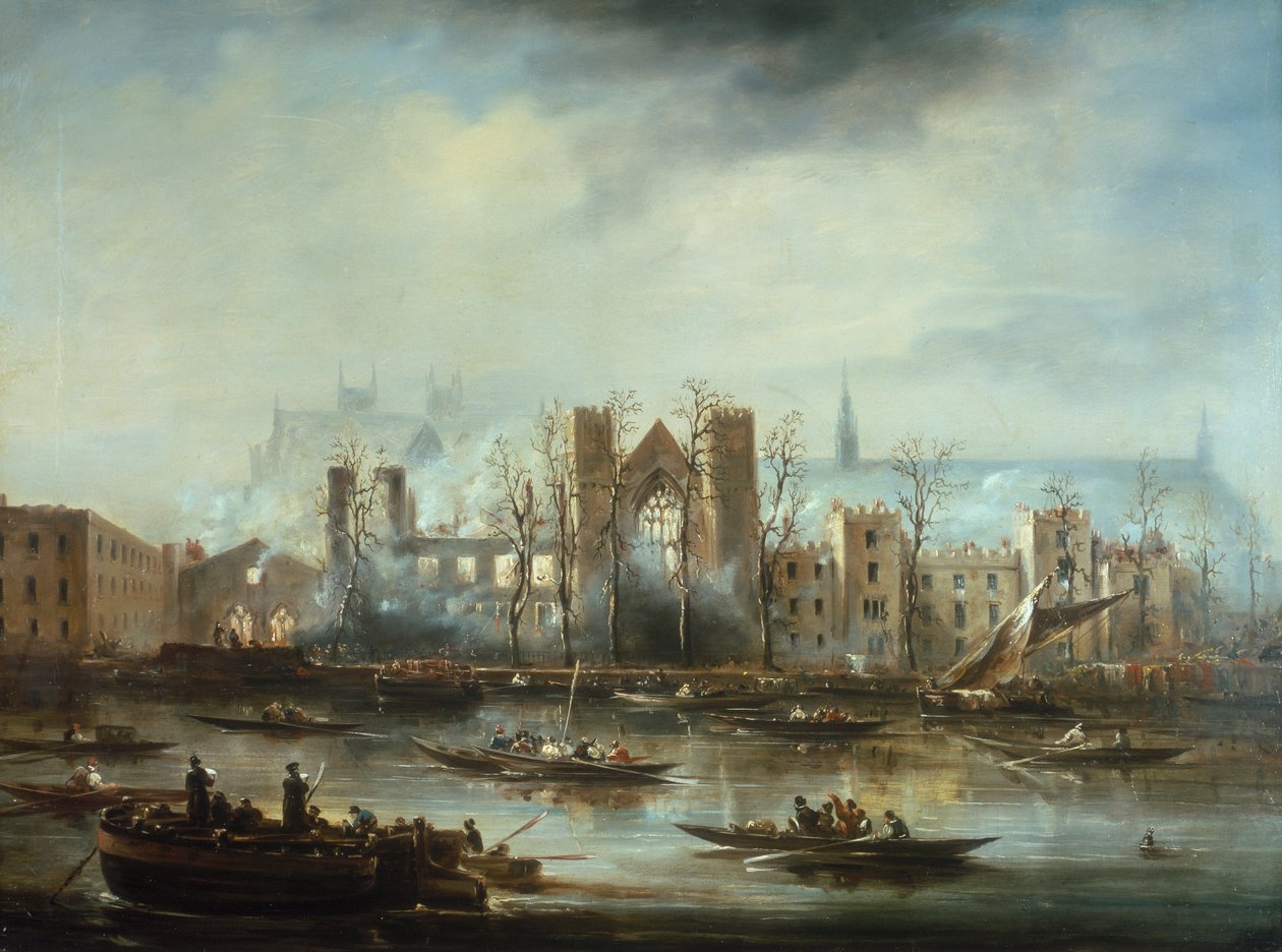 "Westminsterin palatsi joesta vuoden 1834 palon jälkeen", n. 1834 tekijältä Unbekannt