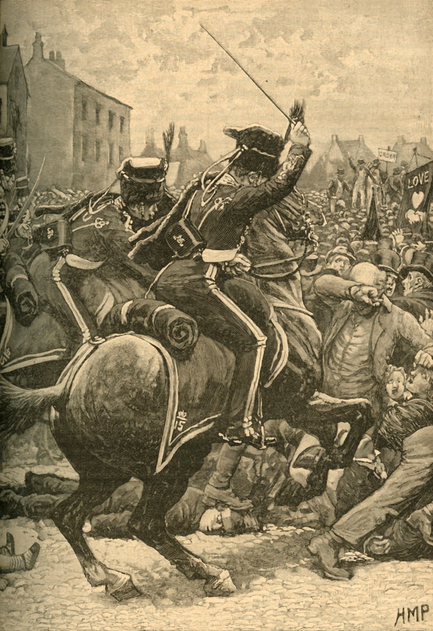 Peterloon verilöyly: husaarit syyttämässä ihmisiä, Manchester, 1819 c1890. tekijältä Unbekannt