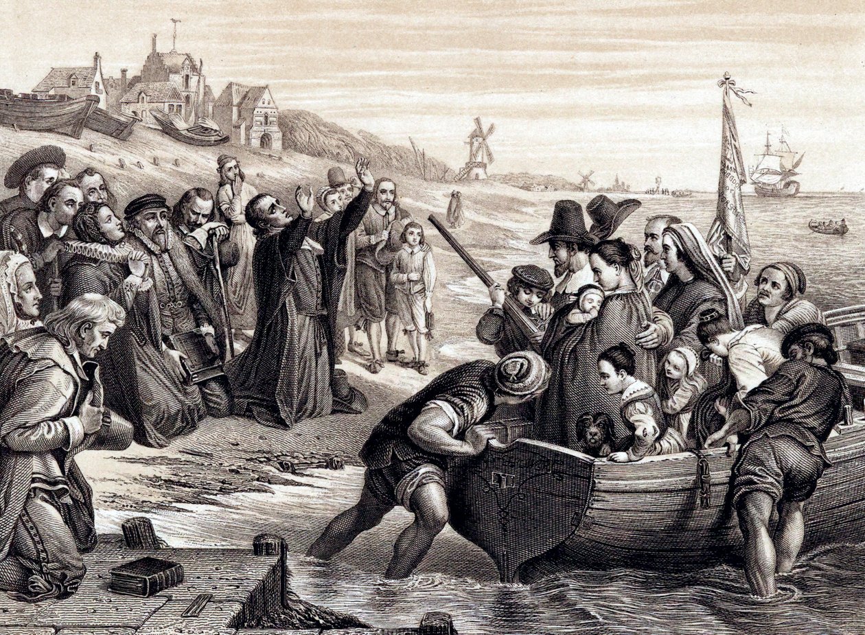 Pilgrim-isät lähtevät Delft Havenista matkallaan Amerikkaan, heinäkuussa 1620 1878 tekijältä Unbekannt
