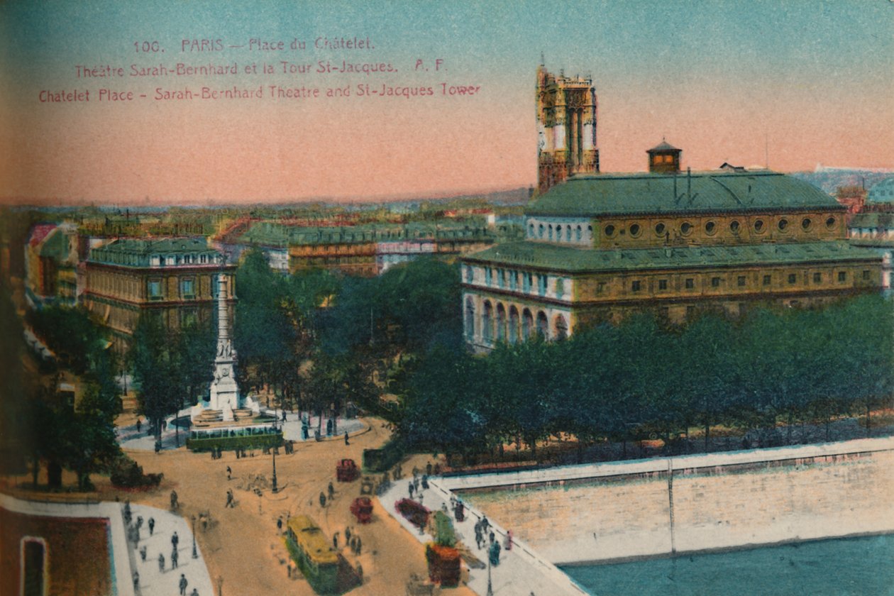 Place du Châtelet - Sarah-Bernhardt-teatteri ja Tour Saint-Jacques, 1920 tekijältä Unbekannt