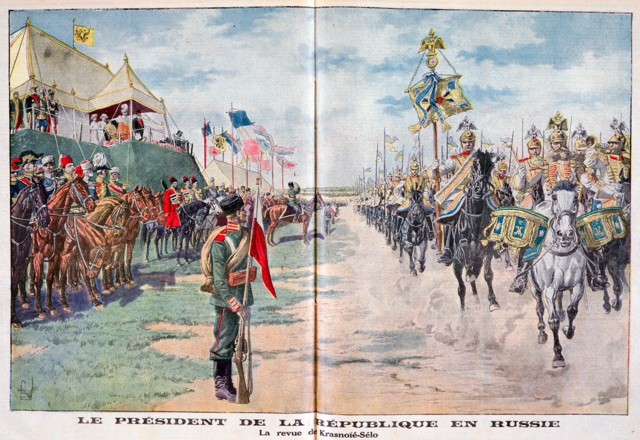 Tasavallan presidentti tarkastelee Venäjän joukkoja, Krasnoje Selo, Venäjä, 1914 tekijältä Unbekannt