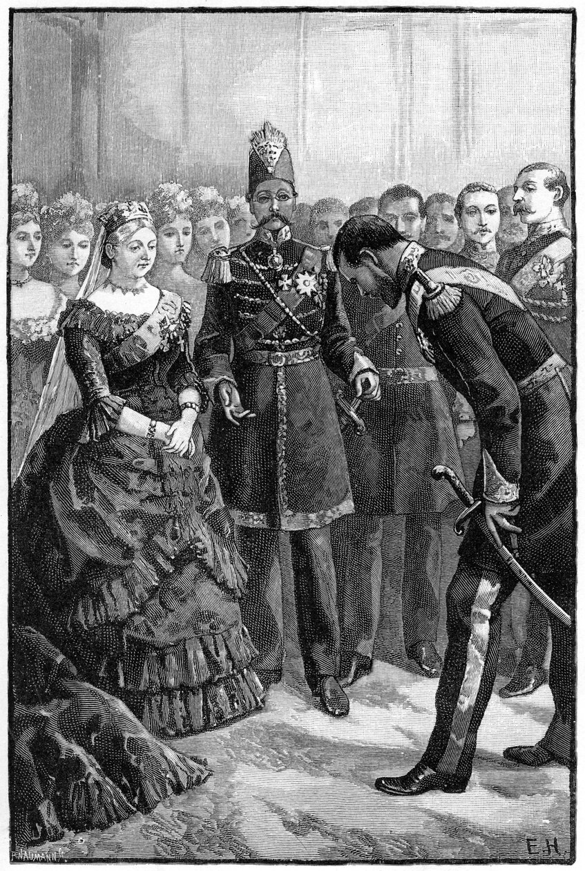 Persian shaahi esittelemässä pukunsa kuningatar Victorialle Windsorissa, 1800-luvun puolivälissä tekijältä Unbekannt