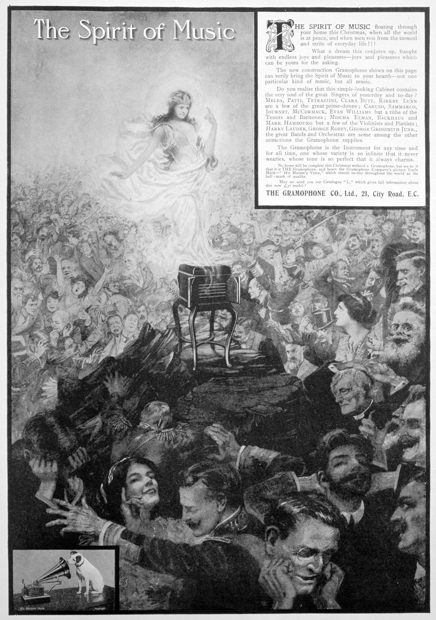The Spirit of Music, Gramophone Co:n mainos, 1910 tekijältä Unbekannt